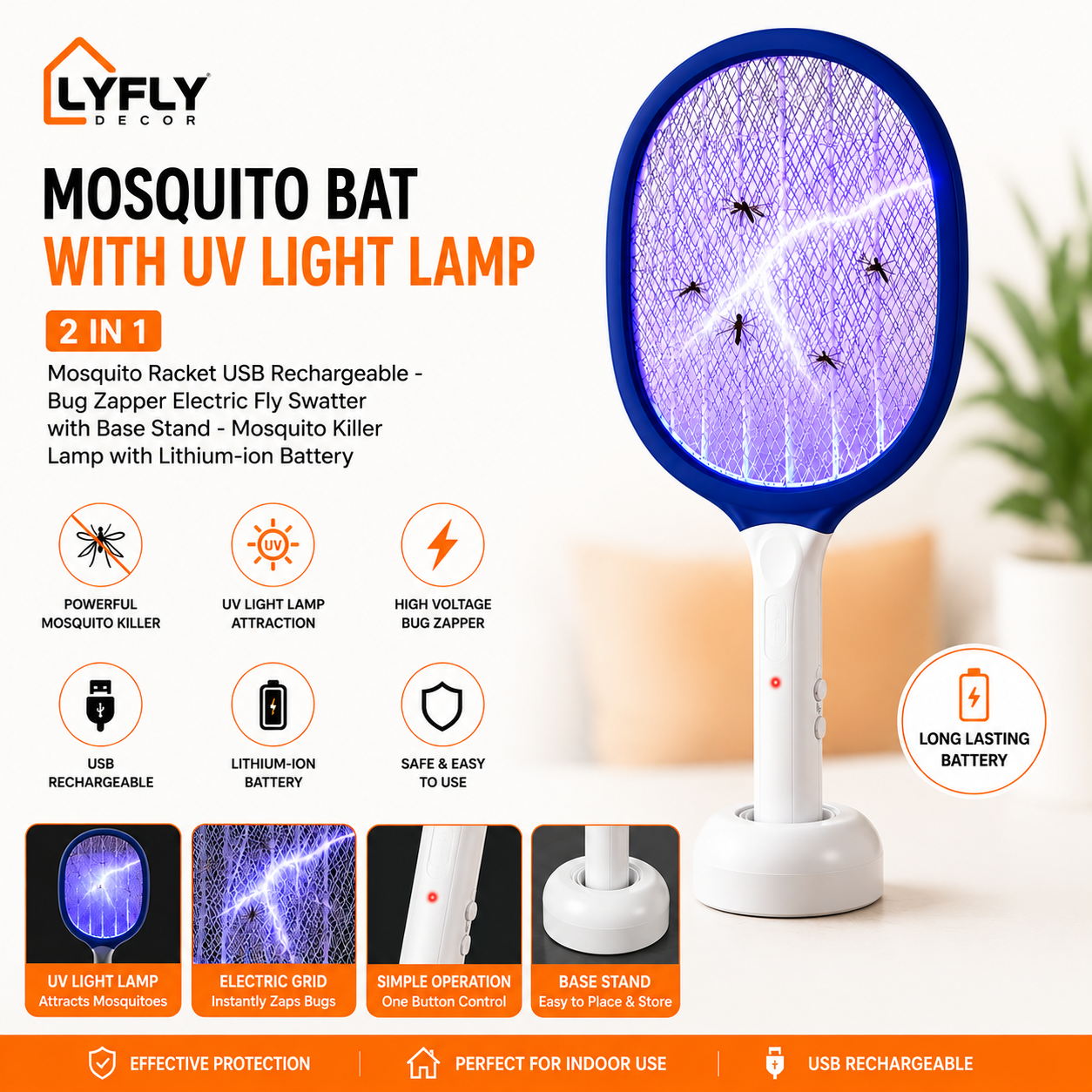 2-in-1 USB Rechargeable Mosquito Bat with UV Light, Electric Bug Zapper Racket, Base Stand & Lithium Battery