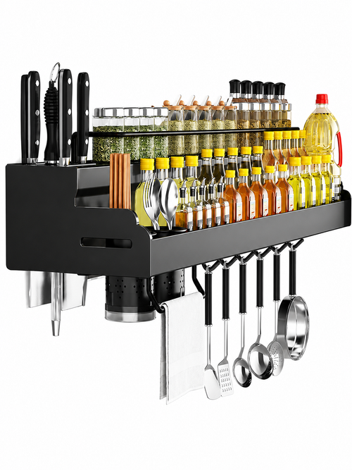 Premium Wall Mounted Kitchen Organizer Rack with Spice Shelf, Knife Holder & Utensil Hooks