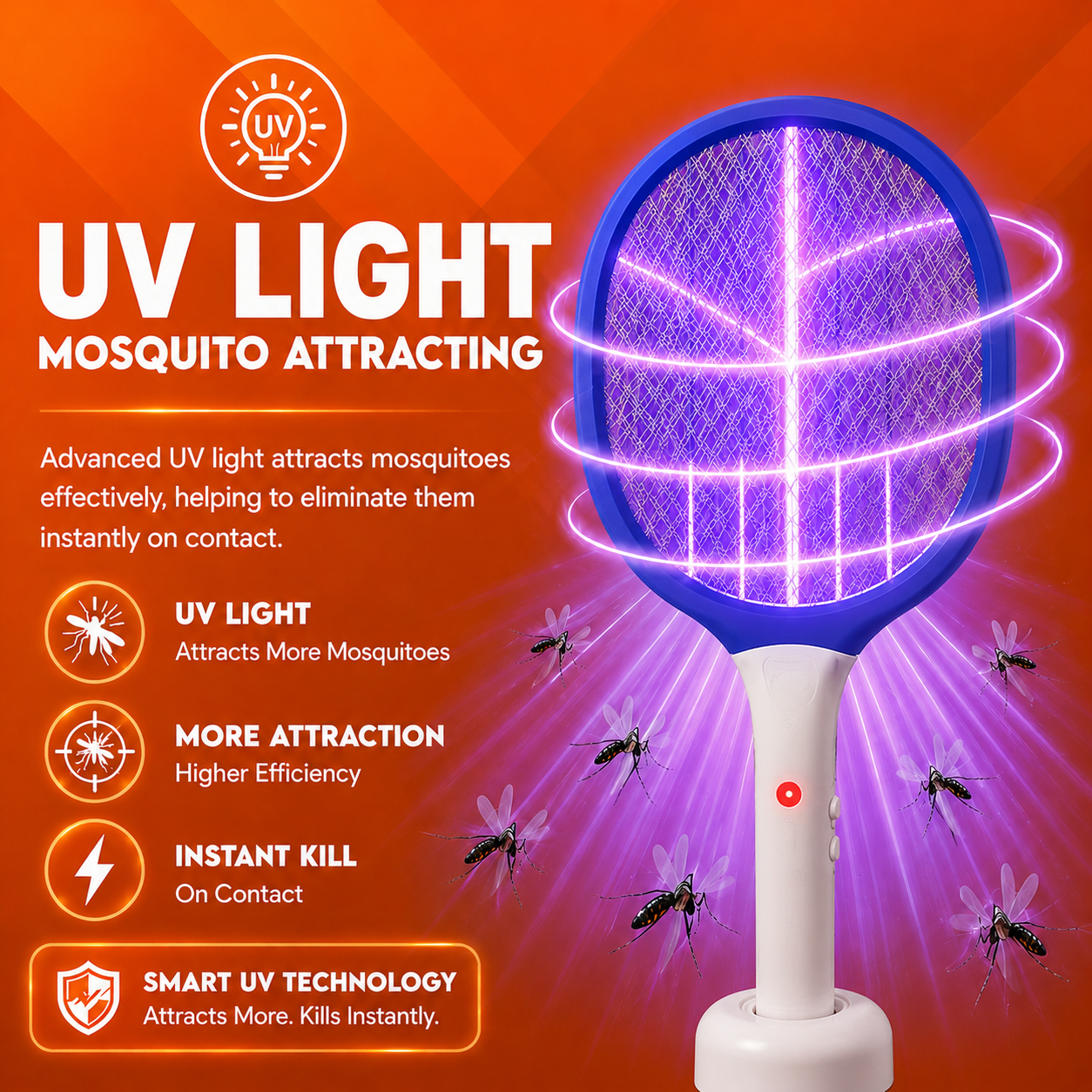 2-in-1 USB Rechargeable Mosquito Bat with UV Light, Electric Bug Zapper Racket, Base Stand & Lithium Battery