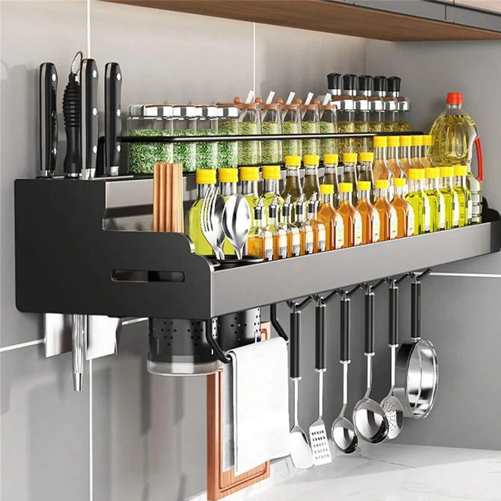LYFLYDECORE™ Premium Wall Mounted Kitchen Organizer Rack | Multifunctional Spice Rack with Knife Holder, Utensil Hooks & Towel Ba