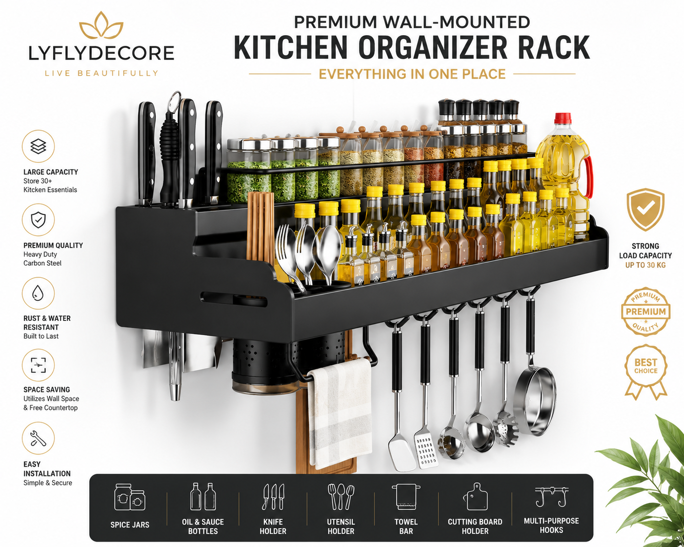LYFLYDECORE™ Premium Wall Mounted Kitchen Organizer Rack | Multifunctional Spice Rack with Knife Holder, Utensil Hooks & Towel Ba